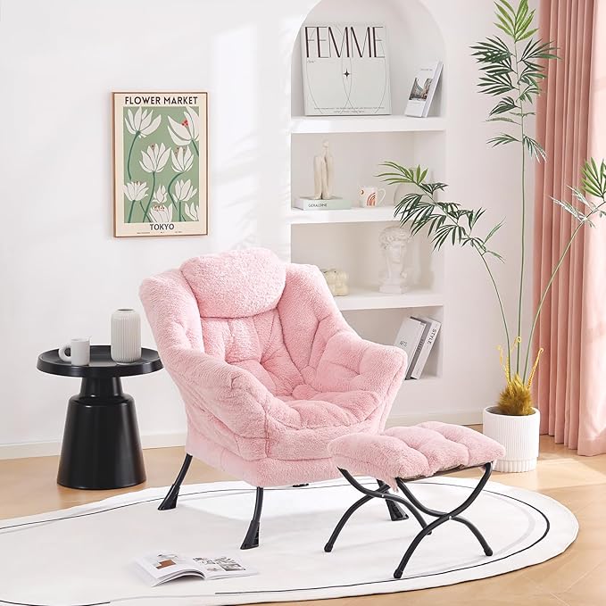 Welnow Lazy Chair with Ottoman, Modern Lounge Accent Chair with Armrests and a Side Pocket, Leisure Upholstered Sofa Chair Set, Reading Chair with Footrest for Small Space, Corner Chair - LeafyLoom