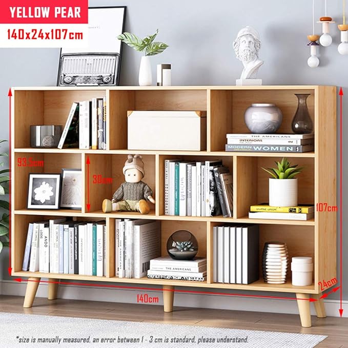 IOTXY Wooden Open Shelf Bookcase - 3-Tier Floor Standing Display Cabinet Rack with Legs, 10 Cubes Bookshelf, Pear Yellow - LeafyLoom