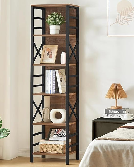 Bookcase, Narrow Bookcase with Cube Storage Shelf, Industrial 6 Tier Slim Bookshelf,Skinny Bookseca for Corner Small Space, Living Room, Bedroom and Home Office, Brown - LeafyLoom