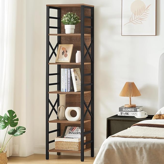 Bookcase, Narrow Bookcase with Cube Storage Shelf, Industrial 6 Tier Slim Bookshelf,Skinny Bookseca for Corner Small Space, Living Room, Bedroom and Home Office, Brown - LeafyLoom