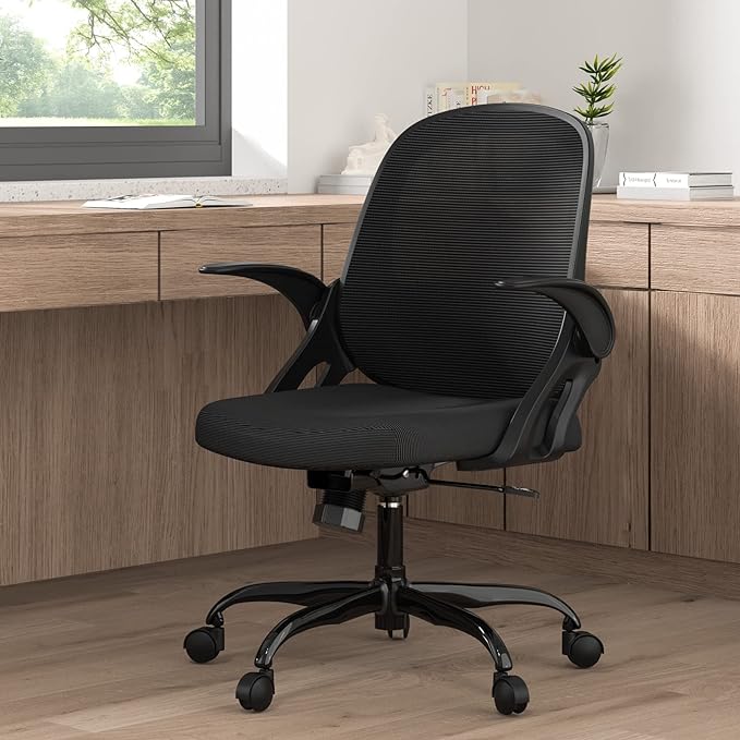 Home Office Chair Work Desk Chair Comfort Ergonomic Swivel Computer Chair, Breathable Mesh Desk Chair, Lumbar Support Task Chair with Wheels and Flip-up Arms and Adjustable Height - LeafyLoom