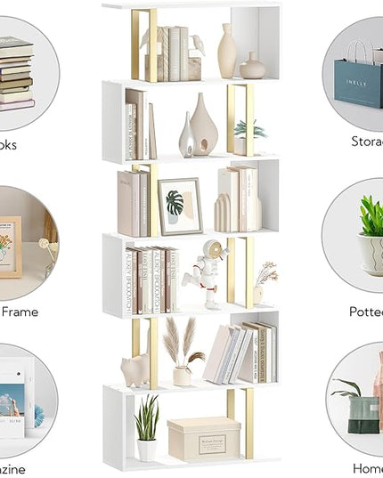 Yusong Geometric Bookcase, S Shaped Bookshelf 6-Tier Book Shelves for Bedroom, Modern Wood Decorative Display Shelf Tall Book Case for Home Office, Gold and White - LeafyLoom