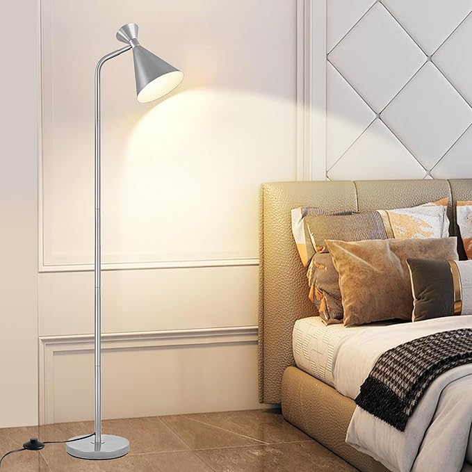PARTPHONER Floor Lamp for Living Room, Modern Adjustable Metal Heads Standing Lamps, Simple Design Silver Floor Lamp with Foot Switch for Bedroom, Office, Kids Room, Reading, Working(Bulb Not Include) - LeafyLoom