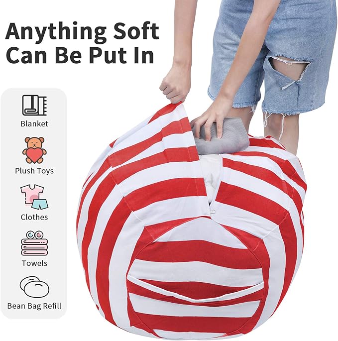 2 PCS Stuffed Animal Storage Bean Bag Chair Cover, Cotton Canvas Beanbag with Zipper for Organizing Kid's and Adults Room Red 24" - LeafyLoom