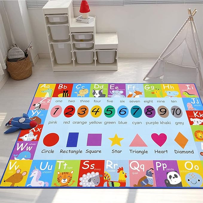 HEBE Kids Play Rug 3'4"x5' ABC Alphabet Numbers Shapes Educational Kid Area Rug Washable Baby Crawling Mat Non Slip Kid Play Mat Carpet for Girl Boy Bedroom Playroom - LeafyLoom