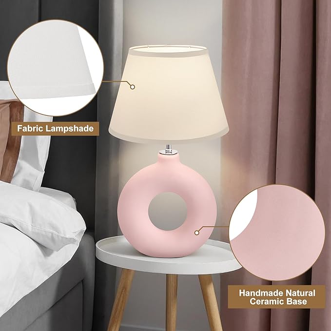 Pink Ceramic Table Lamp for Living Room Bedroom, 21" Modern Bedside Lamps for Kids Room 3 Color Temperature Small Table Lamps for Night Stands, Dorm, Dining Room, Home Décor (Bulb Included) - LeafyLoom