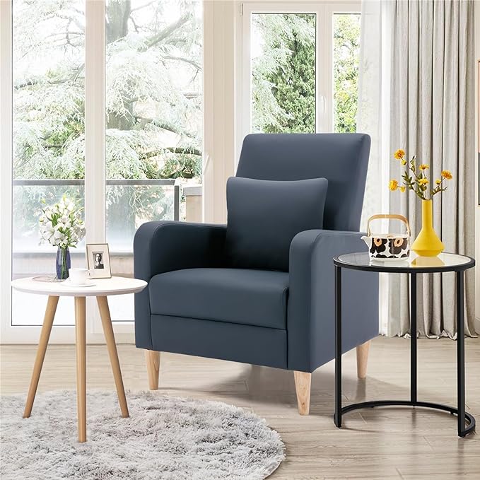 COLAMY Modern Upholstered Accent Chair Armchair with Pillow, PU Leather Reading Living Room Side Chair,Single Sofa with Wood Legs, L-Blue - LeafyLoom