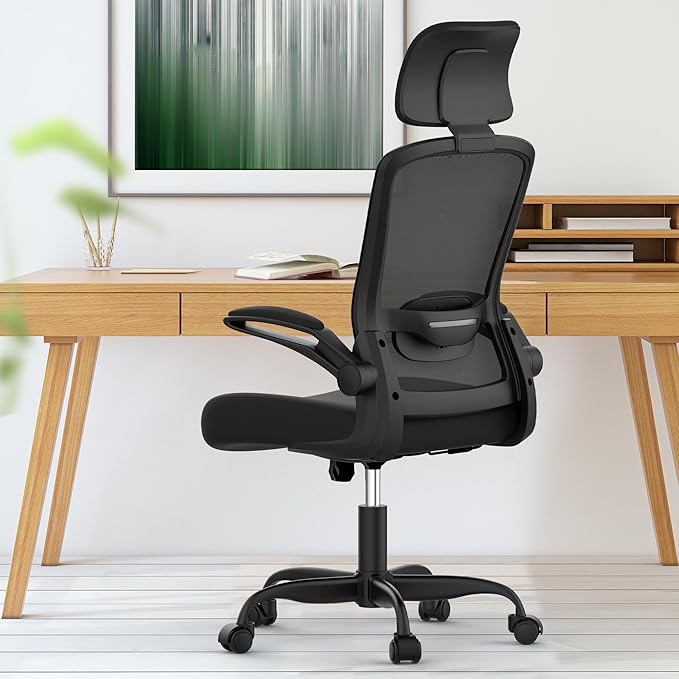 Mimoglad Home Office Chair, Ergonomic Desk Chair with Adjustable Lumbar Support, High Back Computer Chair- Adjustable Headrest with Flip-Up Arms, Swivel Task Chair for Home Office (Black) - LeafyLoom