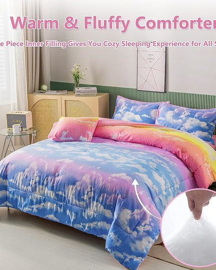 PERFEMET White Cloud Print Girls Comforter Set Queen Size 6 Pieces Teen Girl Tie Dye Bedding Set Colorful Rainbow Bed in A Bag Comforter Set with Sheets - LeafyLoom