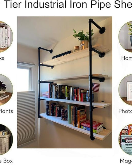 MUZIK 5 Tier Industrial Wall Mount Iron Pipe Shelf, 3/4 Inches Malleable Cast Iron Pipe Wall Mount Bookshelf Shelving Unit, DIY Open Bookshelf, Shelf Shelves, 2 Pack 52 Inch Tall - LeafyLoom