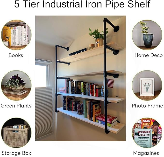 MUZIK 5 Tier Industrial Wall Mount Iron Pipe Shelf, 3/4 Inches Malleable Cast Iron Pipe Wall Mount Bookshelf Shelving Unit, DIY Open Bookshelf, Shelf Shelves, 2 Pack 52 Inch Tall - LeafyLoom