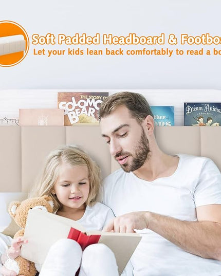 Timy Kids Twin Bed Frame with Bookcase Headboard, Metal Platform Bed Frame with Upholstered Headboard for Boys Girls Teens Adults, No Box Spring Needed, White - LeafyLoom