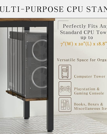Computer Desk 47" Writing Desk Study Table with CPU Storage Shelf for Home Office, Workstation, Office, Gaming Room- Sturdy Stable Black Metal Frame, Rustic Brown - LeafyLoom