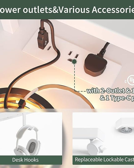 FEZIBO 63" Triple Motor L Shaped Standing Desk with LED Strip & Power Outlets, Height Adjustable Stand up Corner Gaming Desk with Ergonomic Monitor Stand, White Top/White Frame - LeafyLoom