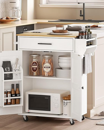 HOOBRO Kitchen Island with Power Outlet, Kitchen Storage Island with Large Worktop, Spice Rack and Drawer, Rolling Kitchen Cart on Wheels, for Kitchen and Dining Room, White and Natural WN88UZD01 - LeafyLoom