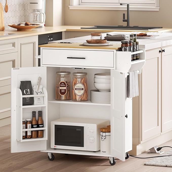 HOOBRO Kitchen Island with Power Outlet, Kitchen Storage Island with Large Worktop, Spice Rack and Drawer, Rolling Kitchen Cart on Wheels, for Kitchen and Dining Room, White and Natural WN88UZD01 - LeafyLoom