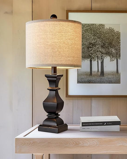 PoKat 20.5'' Bedside Table Lamp for Bedroom Nightstand - Farmhouse Lamp for Living Room, Black Night Stand Light Lamp with Round Linen Shade, Vintage Bedroom Lamp, Suitable for Small Place - LeafyLoom