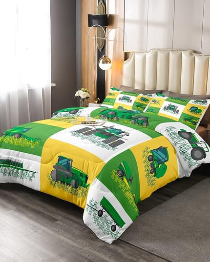 Boys Cartoon Truck Car Down Comforter King Size Kids Construction Vehicles Tractor Comforter Set for Kids Children Farm Excavator Bedding Set Construction Site Cars Duvet Set, Green Yellow - LeafyLoom