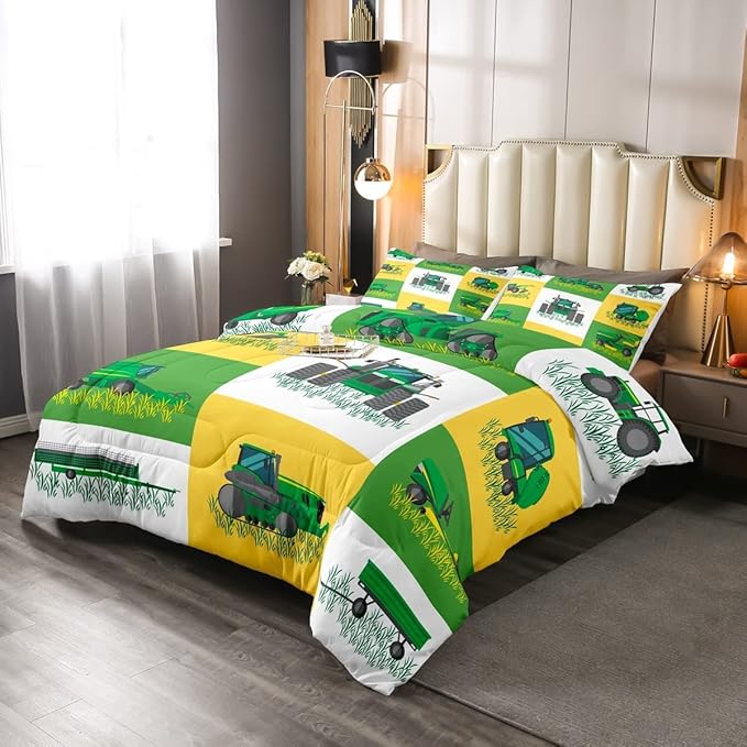 Boys Cartoon Truck Car Down Comforter King Size Kids Construction Vehicles Tractor Comforter Set for Kids Children Farm Excavator Bedding Set Construction Site Cars Duvet Set, Green Yellow - LeafyLoom