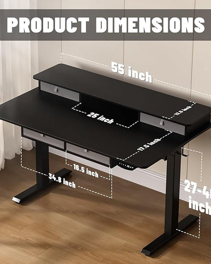 55 * 30 Inches Electric Standing Widened Desk Adjustable Height with 4 Drawers, Double Storage Shelves Stand Up Desk, Home Office Workstation Sit Stand up Desk (Classical Black) - LeafyLoom