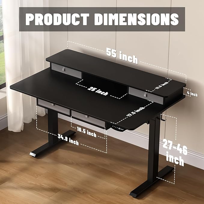 55 * 30 Inches Electric Standing Widened Desk Adjustable Height with 4 Drawers, Double Storage Shelves Stand Up Desk, Home Office Workstation Sit Stand up Desk (Classical Black) - LeafyLoom
