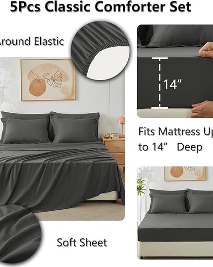 CozyLux Twin Bed in a Bag Comforter Set with Sheets 5-Pieces for Girls and Boys Dark Grey All Season Bedding Sets with Comforter, Pillow Sham, Flat Sheet, Fitted Sheet and Pillowcase - LeafyLoom