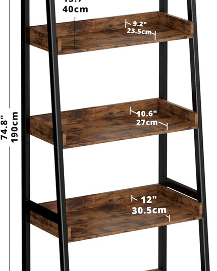IRONCK Industrial Bookshelf 5-Tier, Bookcase Ladder Shelf, Storage Shelves Rack Shelf Unit, Accent Furniture Metal Frame, Home Office Furniture for Bathroom, Living Room - LeafyLoom