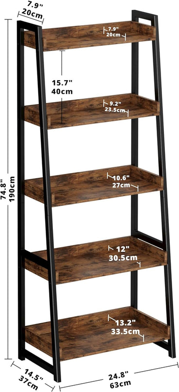IRONCK Industrial Bookshelf 5-Tier, Bookcase Ladder Shelf, Storage Shelves Rack Shelf Unit, Accent Furniture Metal Frame, Home Office Furniture for Bathroom, Living Room - LeafyLoom