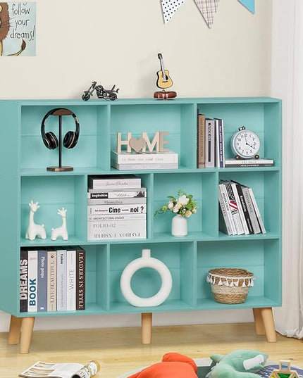 LEYAOYAO 10 Cube Bookshelf,3 Tier Modern Wide Bookcase with Legs,Mid-Century Wood Bookshelves Storage,Mint-Green Large Book Case,Freestanding Organizer Display Shelf for Bedroom,Living Room,Office - LeafyLoom