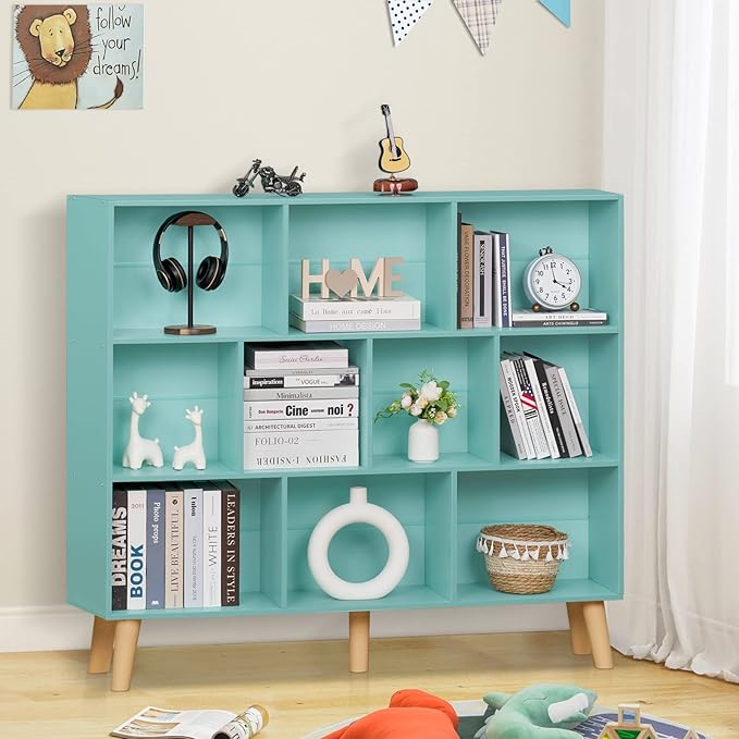 LEYAOYAO 10 Cube Bookshelf,3 Tier Modern Wide Bookcase with Legs,Mid-Century Wood Bookshelves Storage,Mint-Green Large Book Case,Freestanding Organizer Display Shelf for Bedroom,Living Room,Office - LeafyLoom