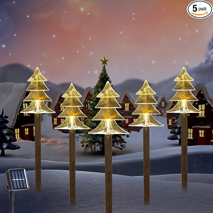 BRIGHTDECK Solar Christmas Pathway Lights Outdoor Decorations, Xmas Tree Lights Waterproof Led Garden Stake Lights for Walkway Yard Lawn Porch Holiday Decor 5-Pack (Xmas Tree Lights) BRIGHTDECK