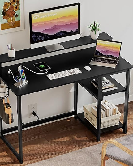 GreenForest Computer Desk with USB Charging Port and Power Outlet, Reversible Home Office Desk with Monitor Stand Storage Shelves for Small Space,47 in Work Desk with Cup Holder Hook,Black - LeafyLoom