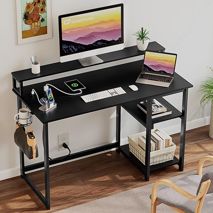 GreenForest Computer Desk with USB Charging Port and Power Outlet, Reversible Home Office Desk with Monitor Stand Storage Shelves for Small Space,47 in Work Desk with Cup Holder Hook,Black - LeafyLoom