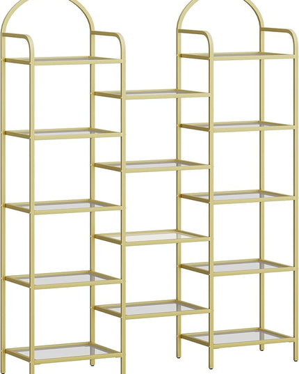 5 tier Bookcase Bookshelf, Tempered Glass Bookshelves, Triple Wide Glass Storage Rack with 14 Open Storage Spaces, Display Shelf for Living Room, Home Office, Bedroom, Gold BC50101G - LeafyLoom
