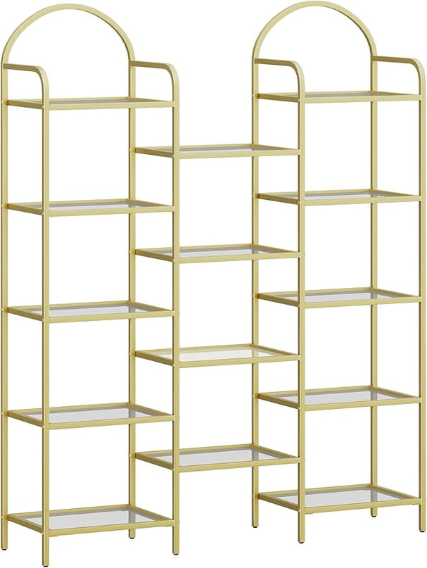 5 tier Bookcase Bookshelf, Tempered Glass Bookshelves, Triple Wide Glass Storage Rack with 14 Open Storage Spaces, Display Shelf for Living Room, Home Office, Bedroom, Gold BC50101G - LeafyLoom