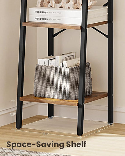 Ladder Shelf, Bookshelf Bookcase, Freestanding Corner Storage Shelve with 2 Hooks for Home Office, Living Room, Kitchen, Bedroom, Industrial, 4-Tier Rustic Brown BC13201B - LeafyLoom