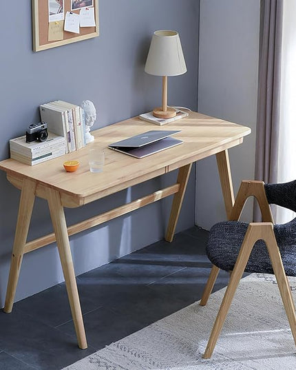Computer Desk with Drawers, Solid Wood Writing Desk, Mid Century Modern Home Office Desks, Oak Study Table, Small Desk for Bedroom, 29.1 H x 39.4 W x 21.7 D Inches, Natural - LeafyLoom