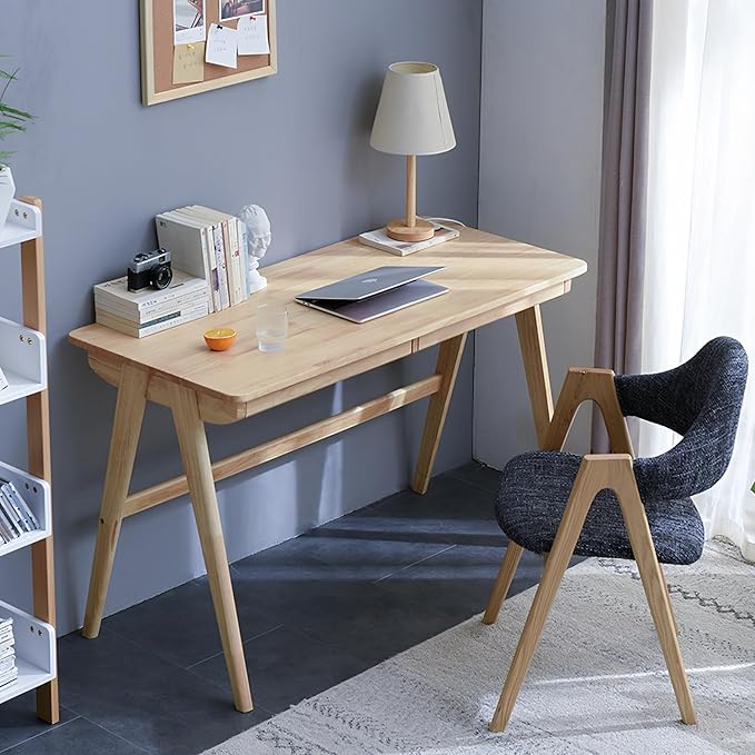 Computer Desk with Drawers, Solid Wood Writing Desk, Mid Century Modern Home Office Desks, Oak Study Table, Small Desk for Bedroom, 29.1 H x 39.4 W x 21.7 D Inches, Natural - LeafyLoom