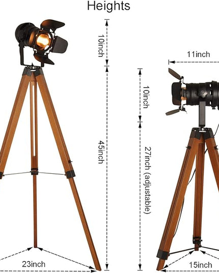 COSYLUX Industrial Floor Lamp for Living Room, Adjustable Height Tripod Floor Lamp for Rustic Decor, Wooden Nautical Retro Spotlight Farmhouse Vintage Standing Lamps for Bedrooms (with no Bulb) - LeafyLoom