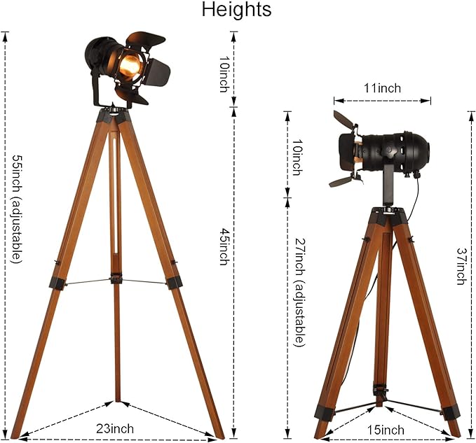 Decoluce Vintage Tripod Floor Lamp, Height Adjustable Wooden Camera Tripod Rotatable Spotlight Tall Standing Light, Nostalgic Cinema lamps for Living Room, Bedroom, Studios Decor(Black) - LeafyLoom