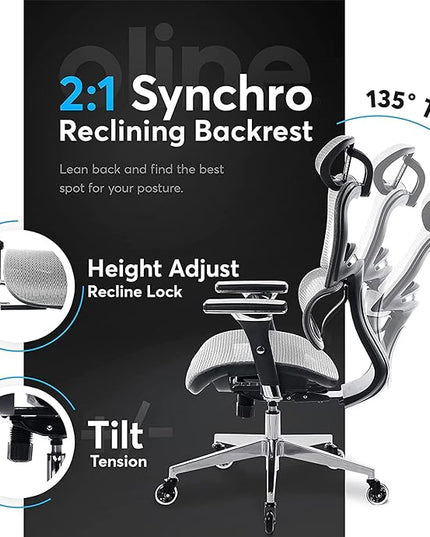 Oline ErgoPro Ergonomic Office Chair - Rolling Desk Chair with 4D Adjustable Armrest, 3D Lumbar Support and Blade Wheels - Mesh Computer Chair, Gaming Chairs, Executive Swivel Chair (Light Gray) - LeafyLoom