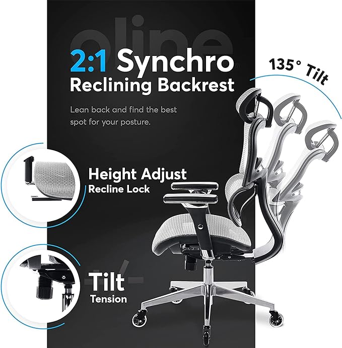 Oline ErgoPro Ergonomic Office Chair - Rolling Desk Chair with 4D Adjustable Armrest, 3D Lumbar Support and Blade Wheels - Mesh Computer Chair, Gaming Chairs, Executive Swivel Chair (Light Gray) - LeafyLoom