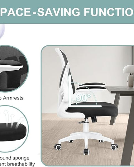 Ergonomic Office Chair, Lumbar Support Desk Chair with Flip-up Armrest and Breathable Mesh, Height Adjustable Swivel Office Chair White - LeafyLoom