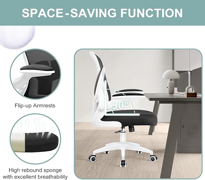 Ergonomic Office Chair, Lumbar Support Desk Chair with Flip-up Armrest and Breathable Mesh, Height Adjustable Swivel Office Chair White - LeafyLoom