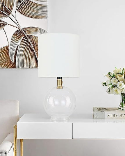 Small Table Lamp for Bedroom Glass Bedside Lamps for Nightstand, Minimalist Night Stand Light Lamp with Cylindric Fabric Shade, Desk Decor Lamp for Kids Room Living Room Office Dorm - LeafyLoom
