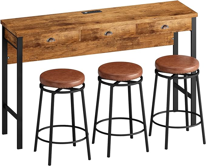 NicBex Modern Dining Table Counter Height Dining Table Set 3-Drawer Long Dining Table Set, Bar Kitchen Table Set with Circular Pu Stools for Dining Room, Living Room, Easy Assemble, Brown - LeafyLoom