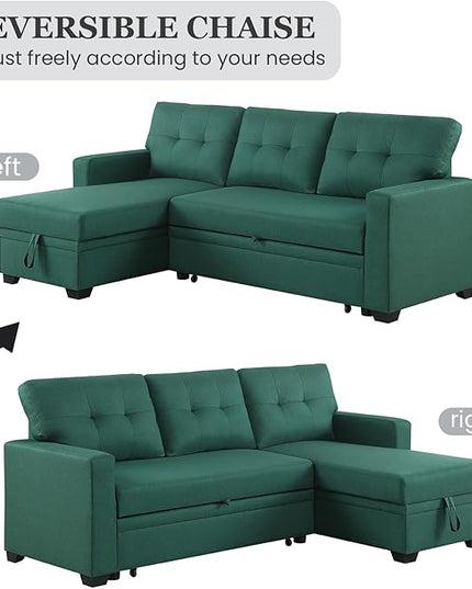 L Shape Sleeper Sofa Bed with Storage, Large Full Size Pull Out Sectional Couch, Futon Chaise Lounge Recliner for Living Room, Apartment, Bedroom, Office, Green - LeafyLoom