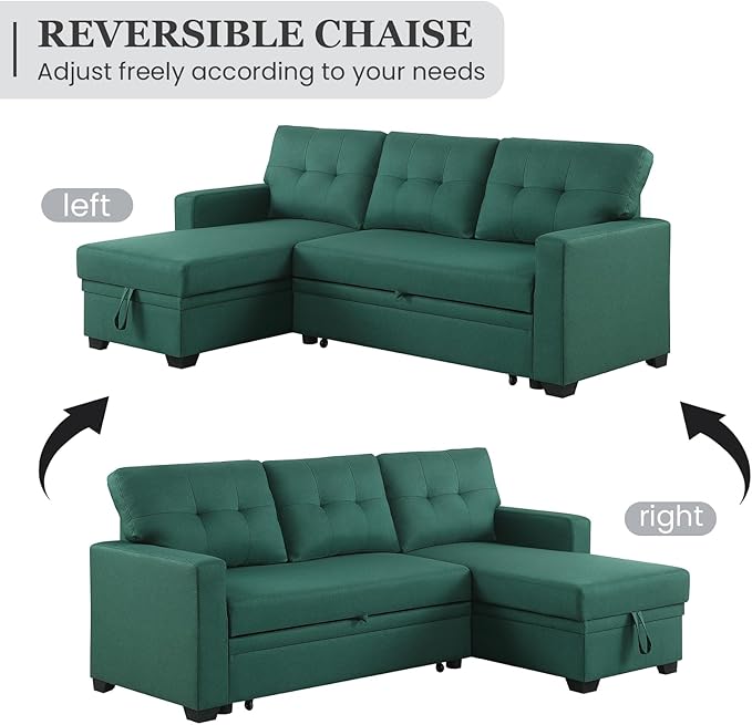 L Shape Sleeper Sofa Bed with Storage, Large Full Size Pull Out Sectional Couch, Futon Chaise Lounge Recliner for Living Room, Apartment, Bedroom, Office, Green - LeafyLoom