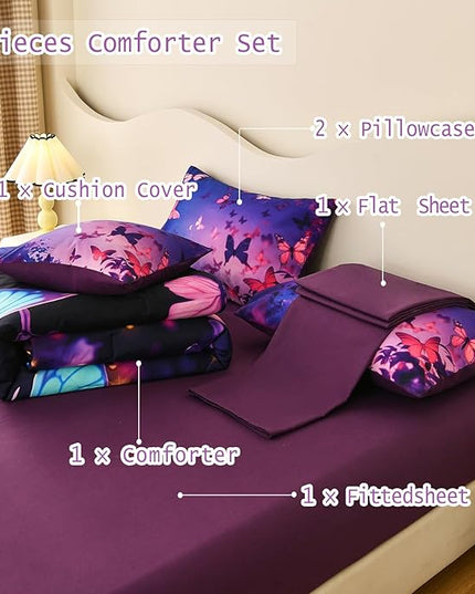 DORCAS Butterfly Comforter Sets for Girls,Full Size Butterfly Bedding Sets Girls,6 Pieces Girls Bedding Sets Full with Comforter Sheets for Teens Kids - LeafyLoom