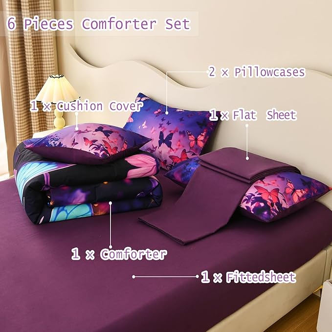 DORCAS Butterfly Comforter Sets for Girls,Twin Size Butterfly Bedding Sets Girls,6 Pieces Girls Bedding Sets Twin with Comforter Sheets for Teens Kids - LeafyLoom